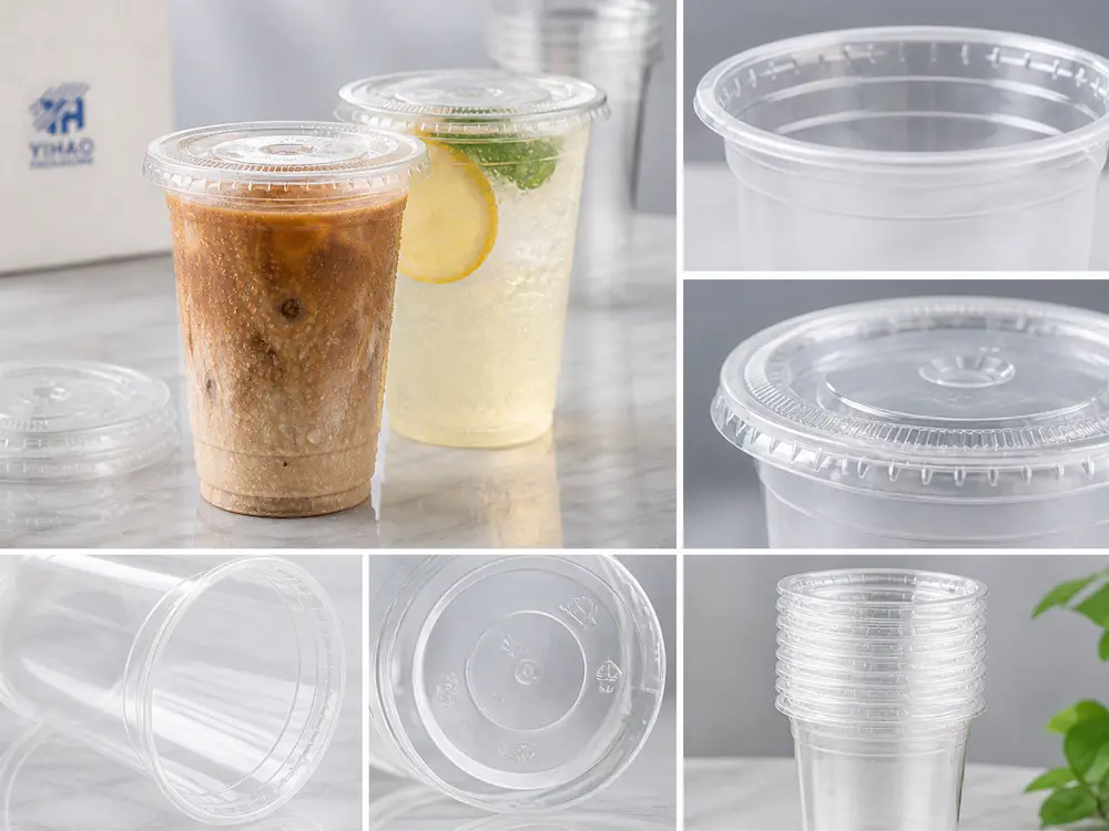 PP cold cup rim, flat lid, bottom, stackability, and clear material structure detail display