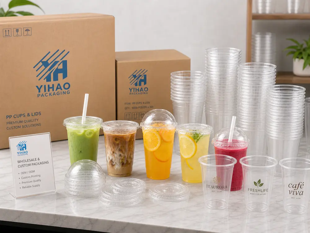 PP cup packaging development meeting showing sample testing, lid matching, and material evaluation