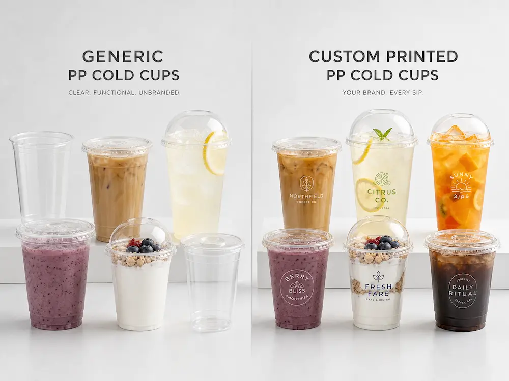 PP cup sizes, three lid options, and filled examples for yogurt, iced coffee, lemonade, and fruit cups