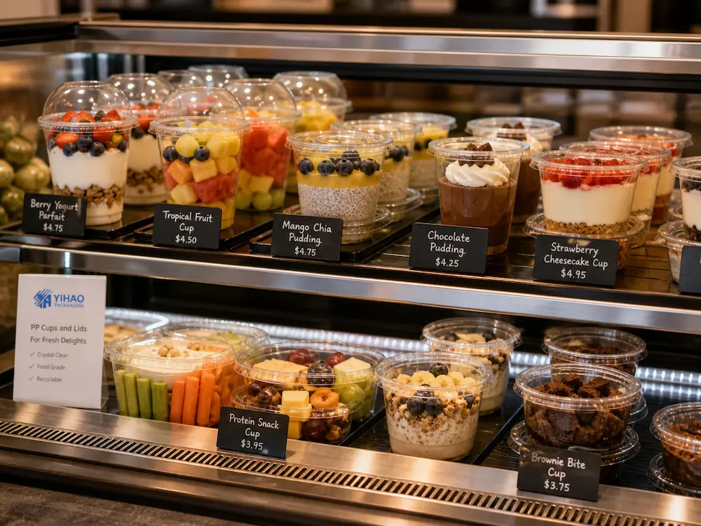 PP cups for yogurt parfaits, fruit cups, pudding, chocolate desserts, and chilled grab-and-go food packaging