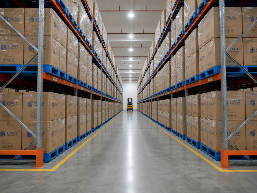 PP cups importers and distributors warehouse showing cartons, pallets, and inventory management