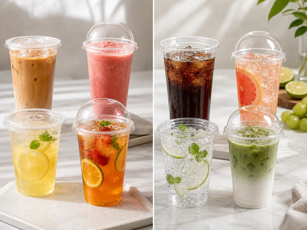 PP Cups with Lids FAQ: Materials, Sizes, Uses, and Ordering Questions 4 PP cups with lids for iced coffee, lemonade, fruit tea, matcha, and smoothie drink applications