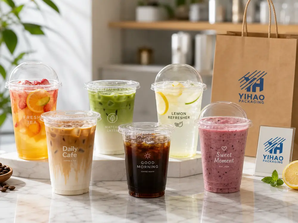 PP Cups with Lids FAQ: Materials, Sizes, Uses, and Ordering Questions 3 PP cups with lids for iced coffee, fruit tea, lemon refresher, smoothies, and takeaway drink packaging