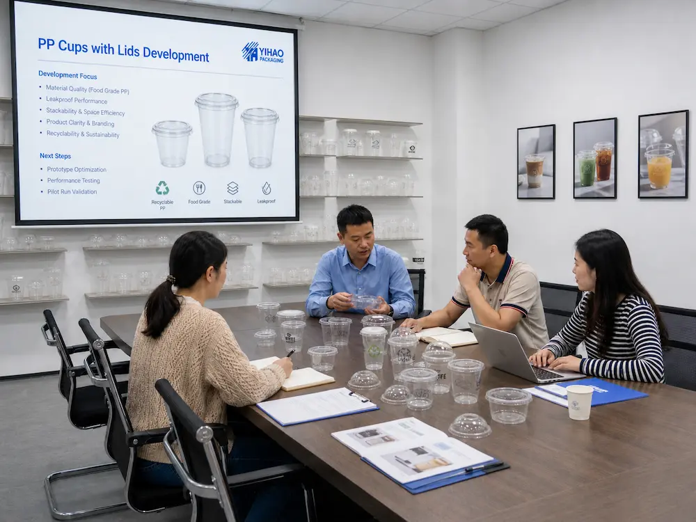 PP Cups with Lids FAQ: Materials, Sizes, Uses, and Ordering Questions 5 PP cups with lids development meeting showing sample testing, lid matching, and quality review process