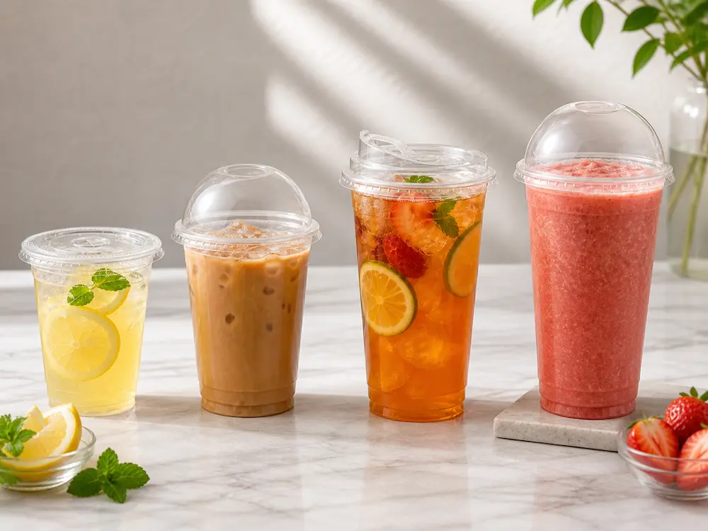 PP Cups with Lids FAQ: Materials, Sizes, Uses, and Ordering Questions 3 PP cups with flat and dome lids for lemonade, iced coffee, fruit tea, and strawberry smoothie