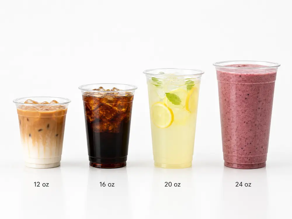 PP Cups with Lids FAQ: Materials, Sizes, Uses, and Ordering Questions 2 12 oz 16 oz 20 oz and 24 oz PP cold cup size comparison for coffee, lemonade, and smoothies