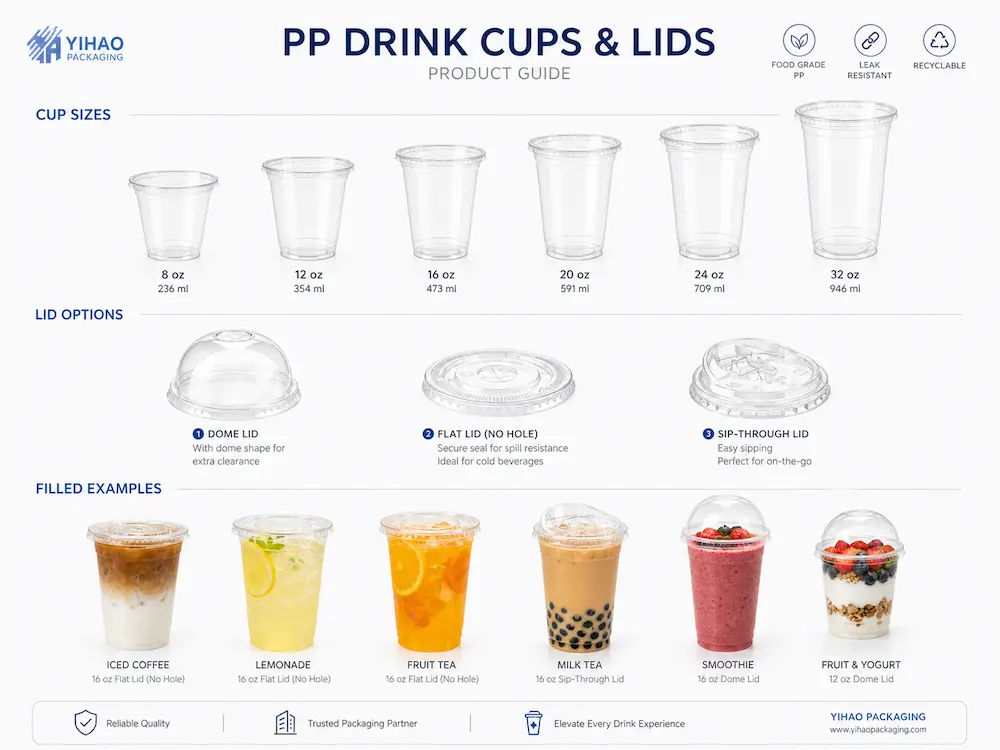 Takeaway Cold Cups vs Alternative Packaging: How Buyers Should Choose 1 PP drink cup sizes, dome lid, flat lid, sip-through lid, and cold drink application guide