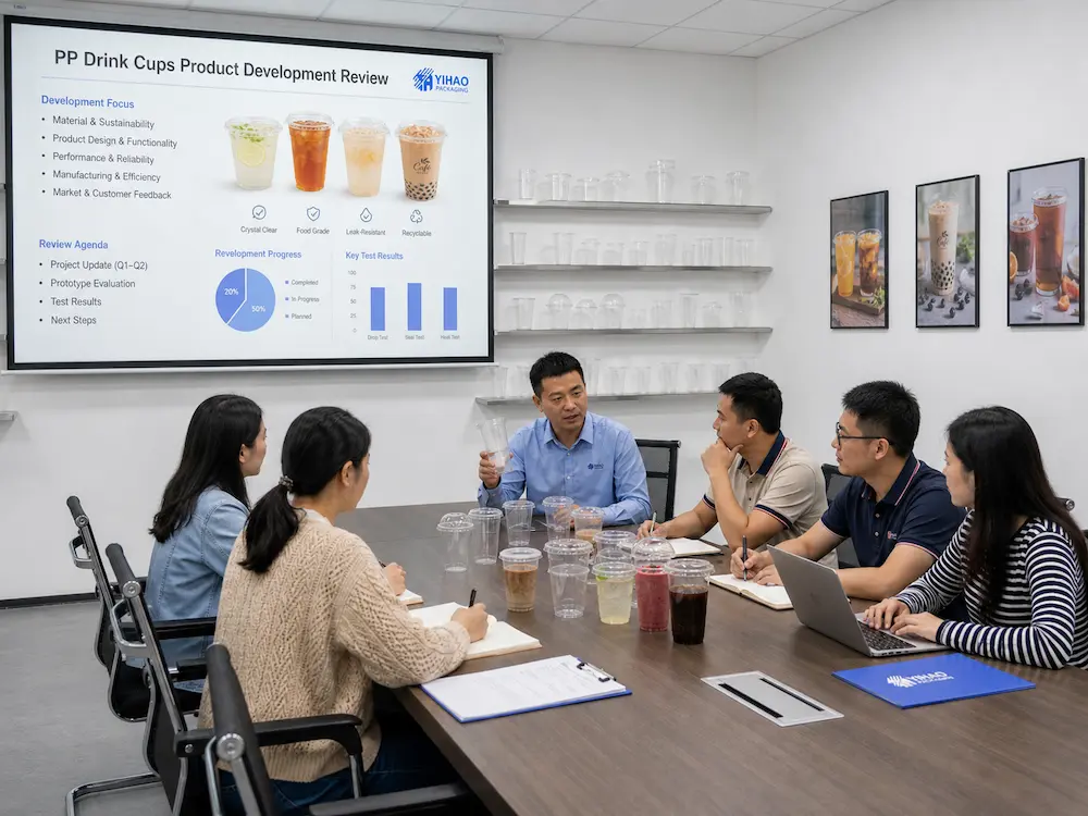 YIHAO team reviewing PP drink cup material, structure, performance, and market feedback