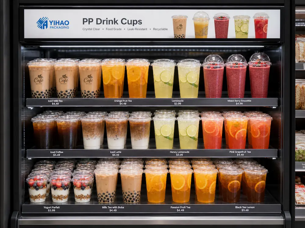 PP drink cups for refrigerated display of iced milk tea, lemonade, fruit tea, smoothies, and yogurt cups