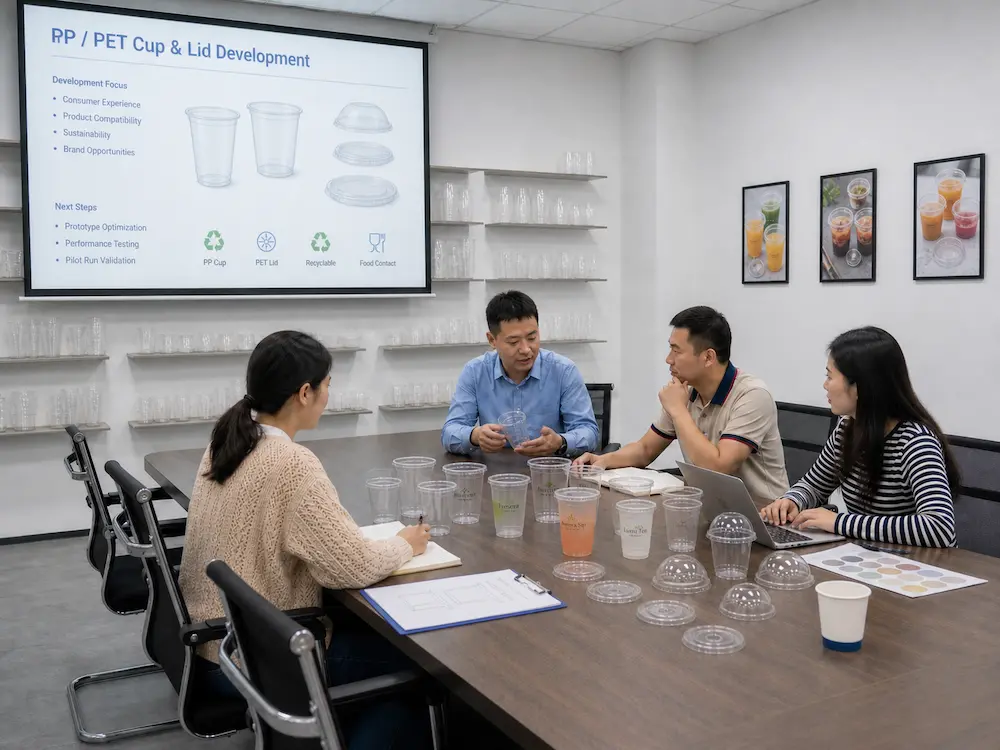 PP Cold Cups Complete Guide for Takeaway Drinks 6 PP cold cup and PET lid development meeting showing sample testing, lid matching, and material evaluation