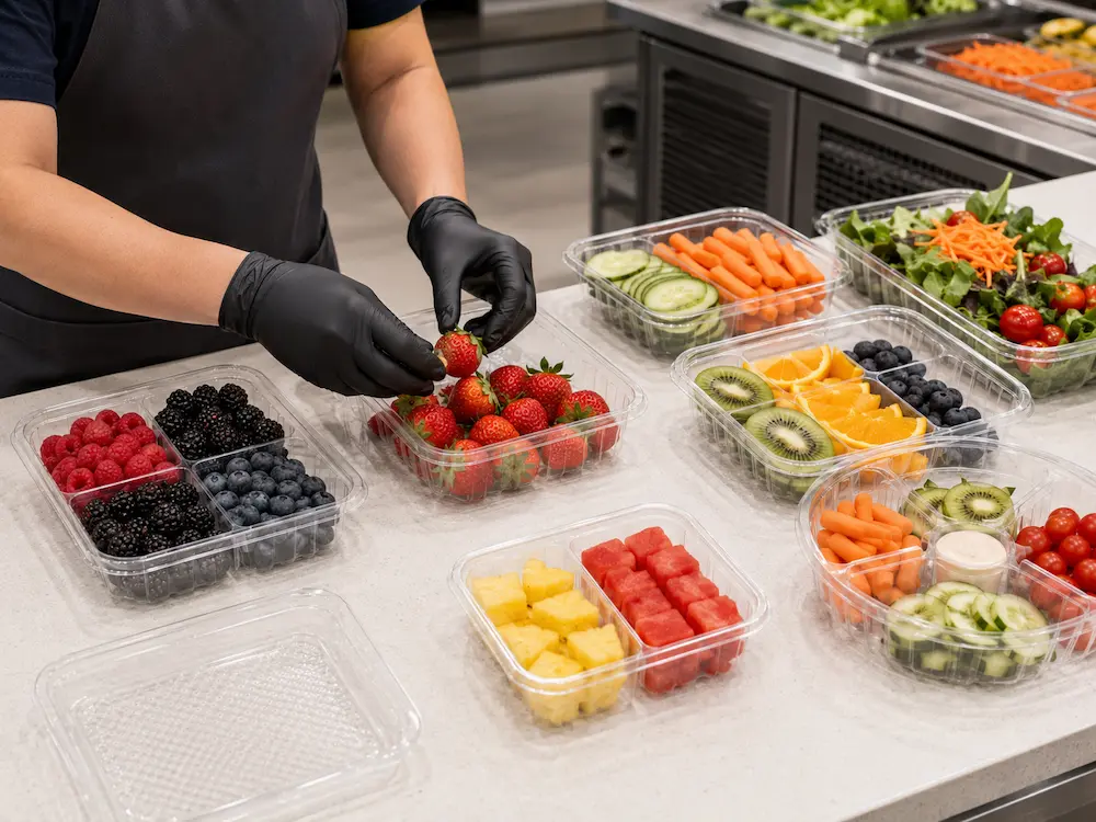 Produce Tray Packaging for Supermarkets, Cafes, Bakeries, and Foodservice Brands 4 Produce tray packaging for foodservice fruit vegetables and meal prep portions