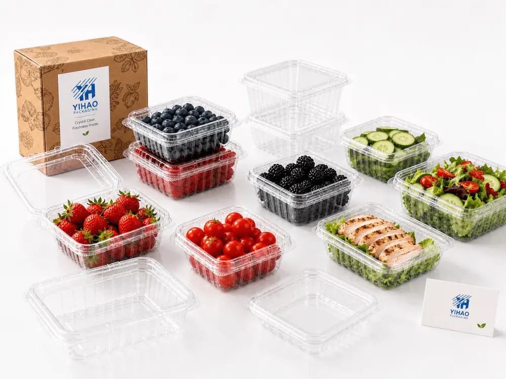 YIHAO clear PET produce trays and food containers for fruit, salad, and ready-to-eat packaging comparison