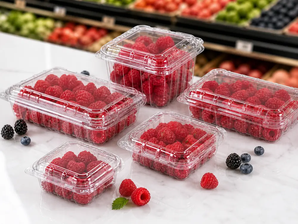 Clear PET raspberry packaging containers displayed with fresh raspberries for retail berry packaging