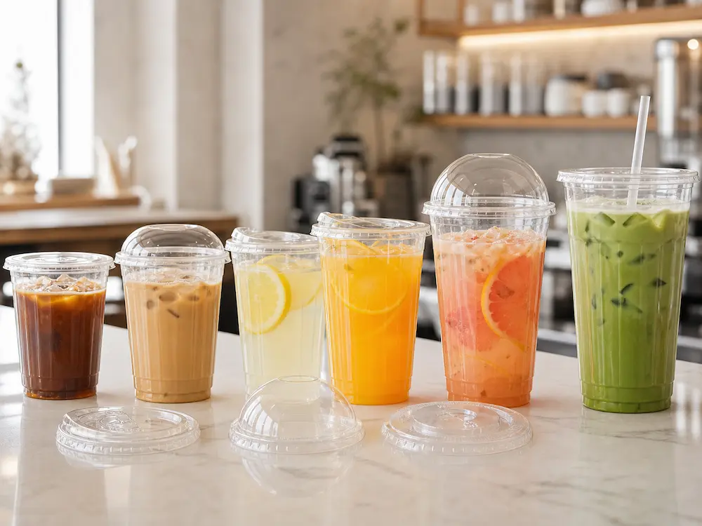Clear recyclable PET cold cups with multiple lids for iced coffee, juice, lemonade, and matcha beverage packaging.