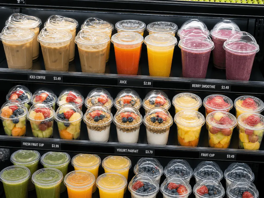 Strawless Lids vs Alternative Packaging: How Buyers Should Choose 7 Clear PET cold cup lids for refrigerated display of juice, iced coffee, smoothies, and fruit cups