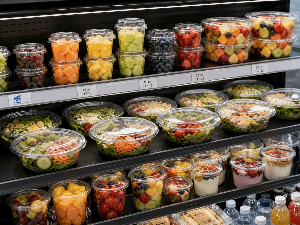 Clear PET fruit salad containers for supermarket refrigerated display of fresh-cut fruit, salads, and yogurt cups