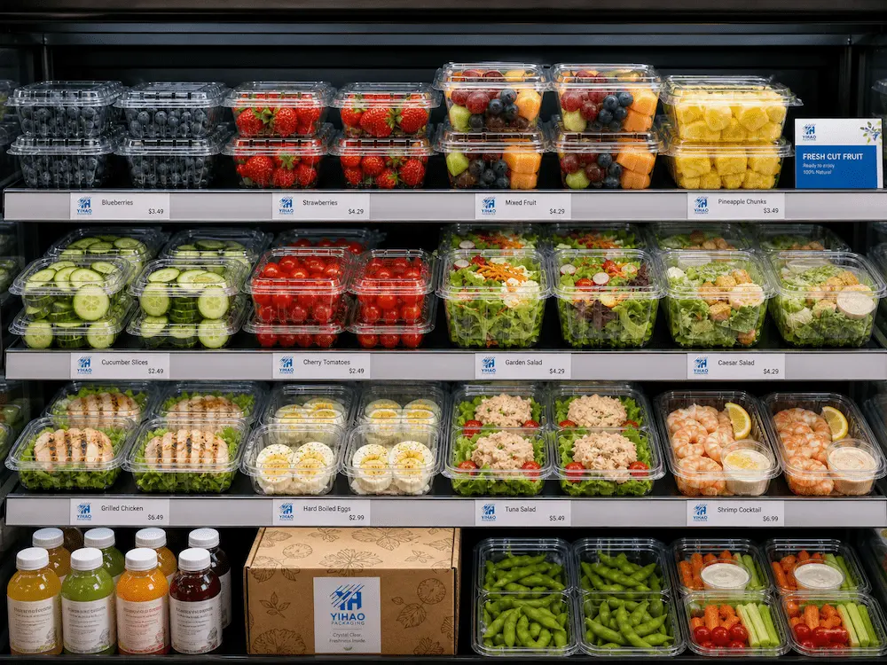 Clear PET produce trays, salad containers, and ready-to-eat food packs in supermarket cold shelf display