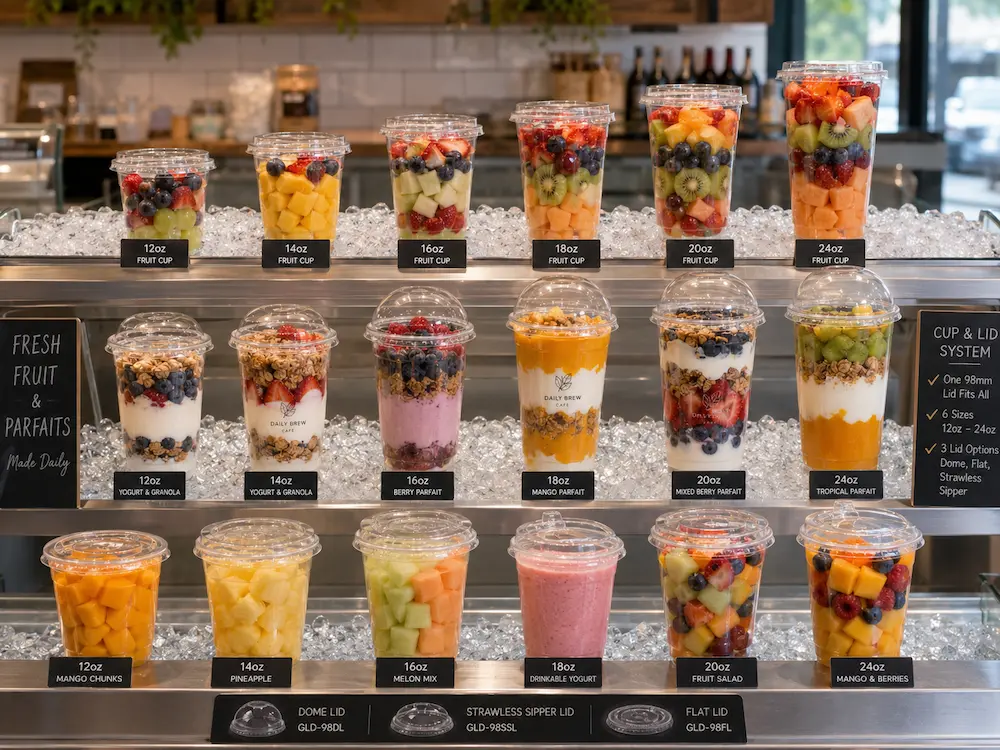 Retail display of PET cup lids for fresh fruit cups, yogurt parfaits, cold drinks, and takeaway beverages.
