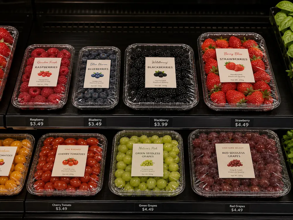 Retail fruit display trays for berries, tomatoes, and grapes in clear packaging