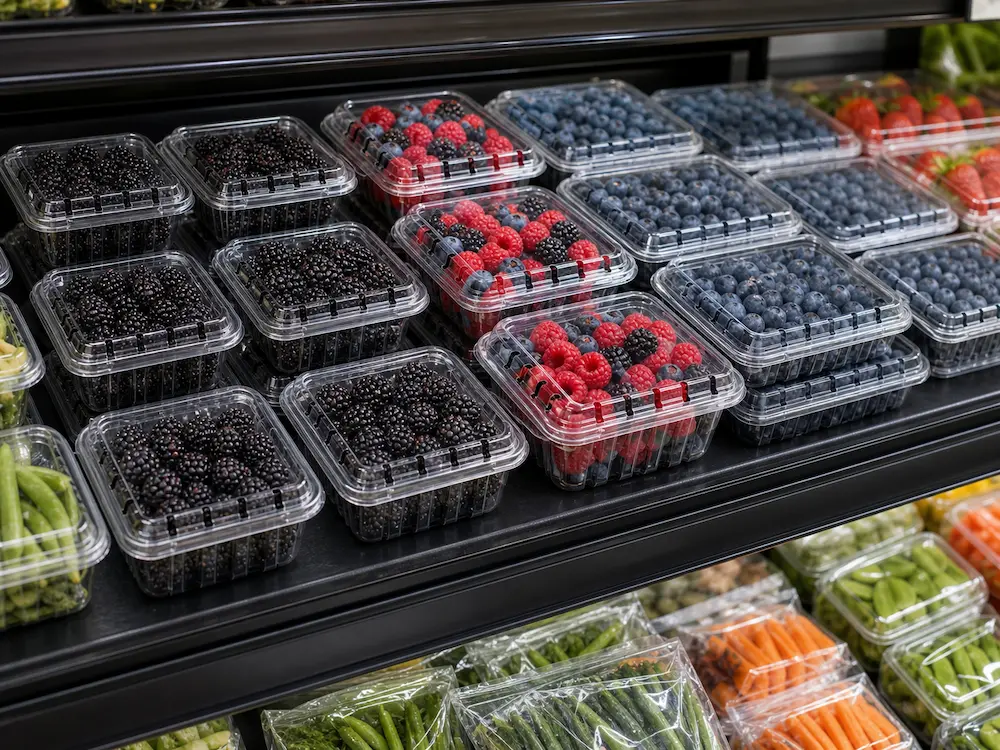 Berry clamshell containers displayed on a retail refrigerated shelf with fresh produce packs.