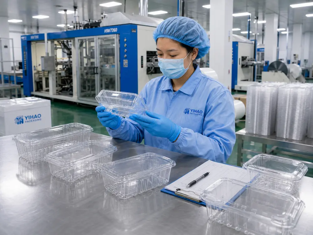 Recycled PET Fruit Containers: Buyer Guide for Food Packaging Teams 6 Quality inspection of clear rPET fruit containers in food packaging factory