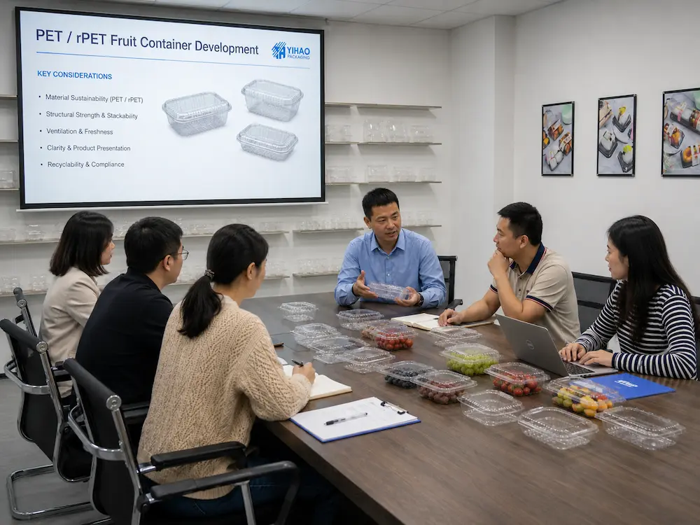Recycled PET Fruit Containers: Buyer Guide for Food Packaging Teams 7 YIHAO team reviewing rPET fruit container samples with packaging buyers