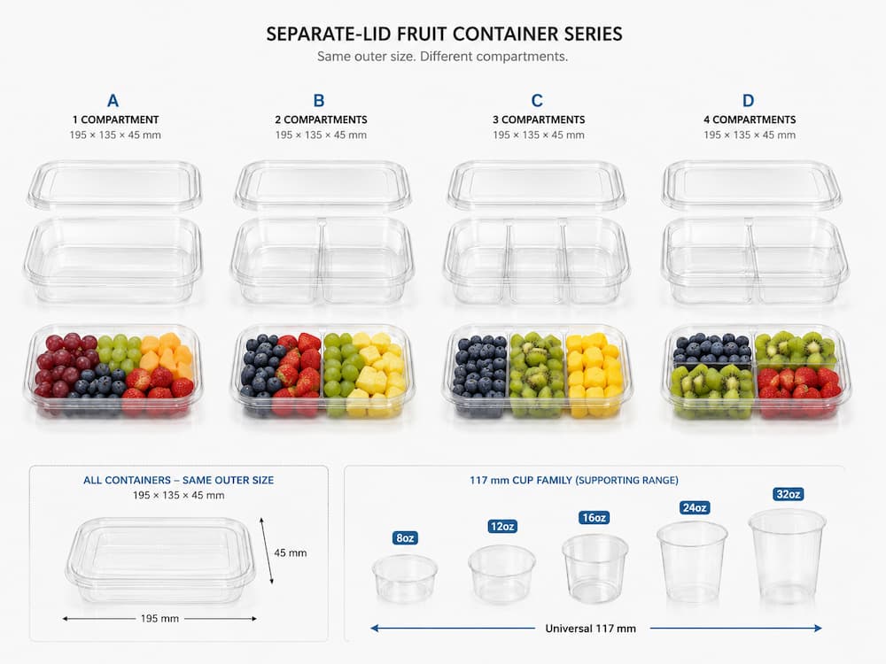 Separate-lid fruit container series with one-compartment, two-compartment, three-compartment, and four-compartment options.