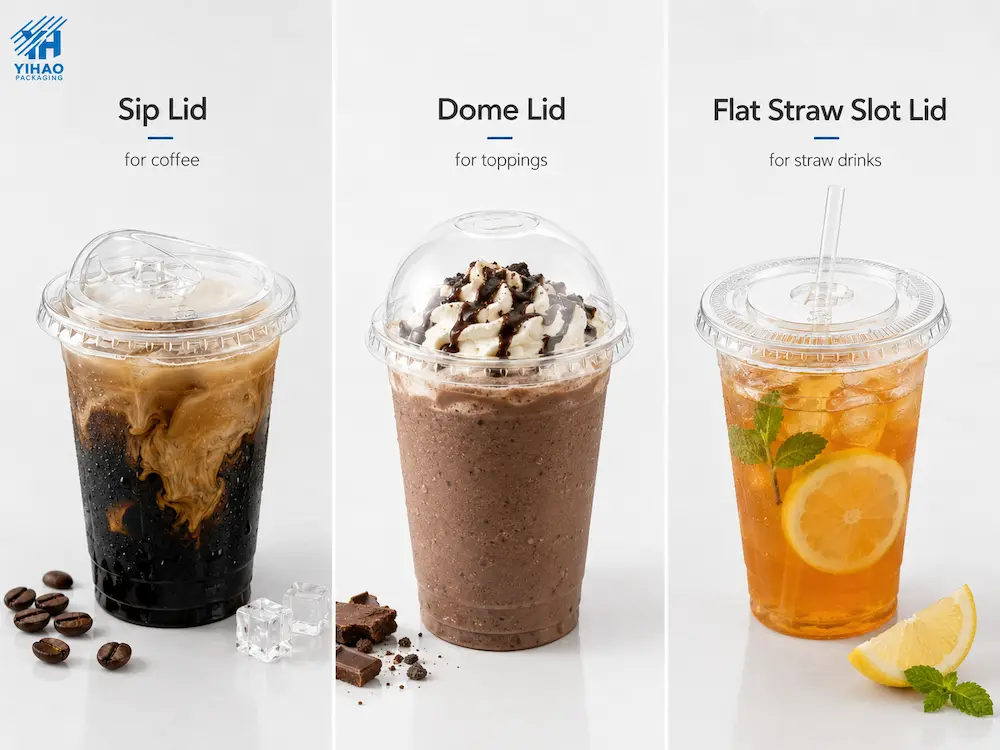 Cold Cup Lids Complete Guide: Flat, Dome, Strawless, and Sip Lids 3 Comparison of sip lid, dome lid, and flat straw-slot lid for coffee, toppings, and straw drinks