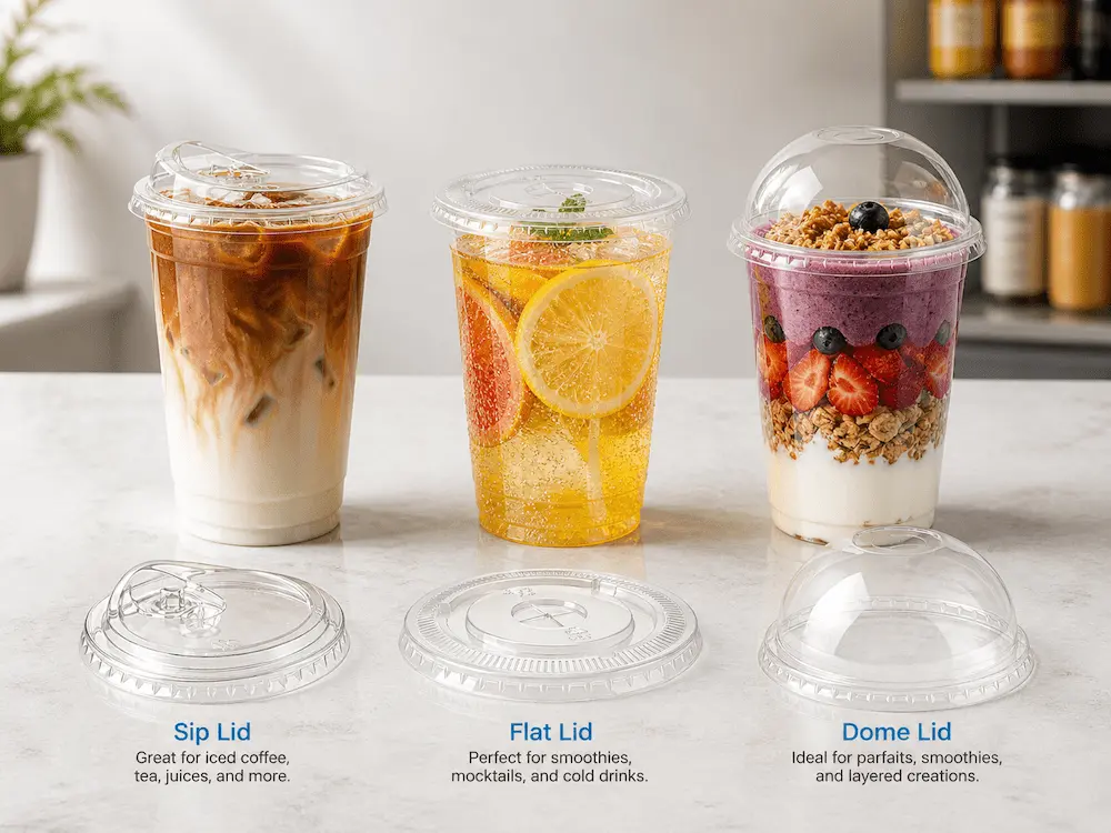 Clear PET cups with sip lids, flat lids, and dome lids for iced coffee, cold drinks, smoothies, and yogurt cups