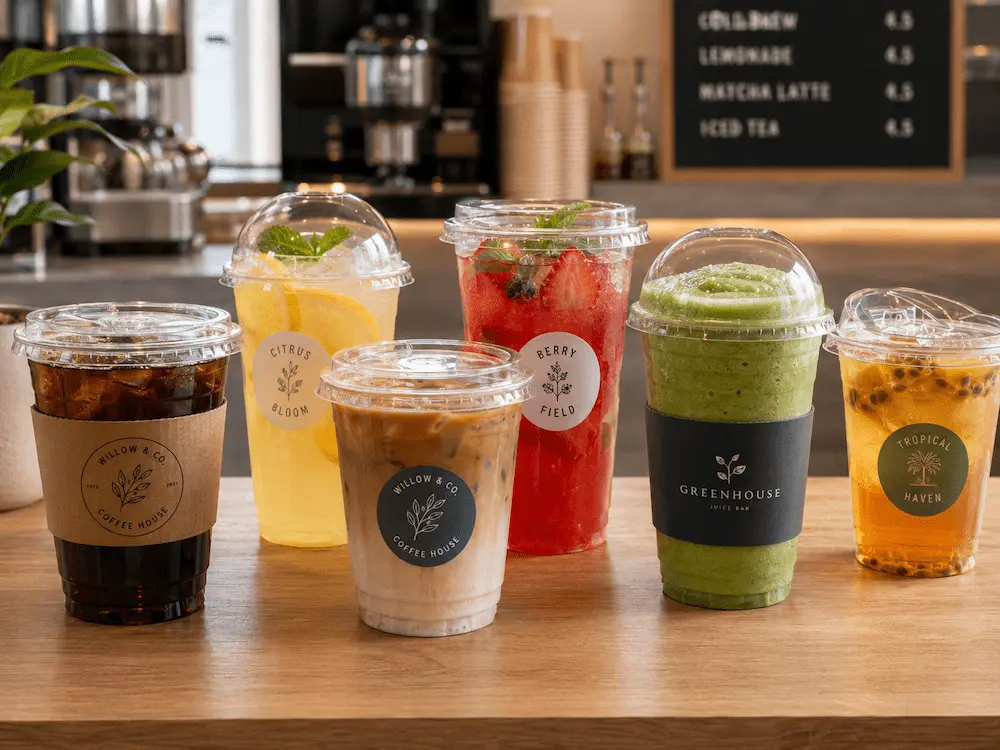 Six cold drinks from cafés and juice bars with custom cup sleeves and branded stickers.