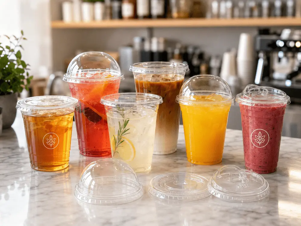  Six cold beverages including fruit tea, smoothies, iced coffee, and lemonade with matching flat, dome, and sip lids.