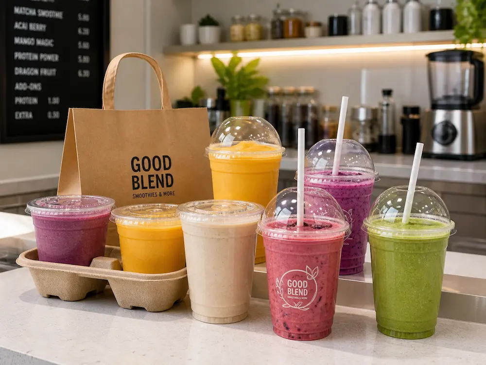 Smoothie Cups vs Alternative Packaging: How Buyers Should Choose 8 Smoothie cups for takeaway packaging with paper bag and cup carrier