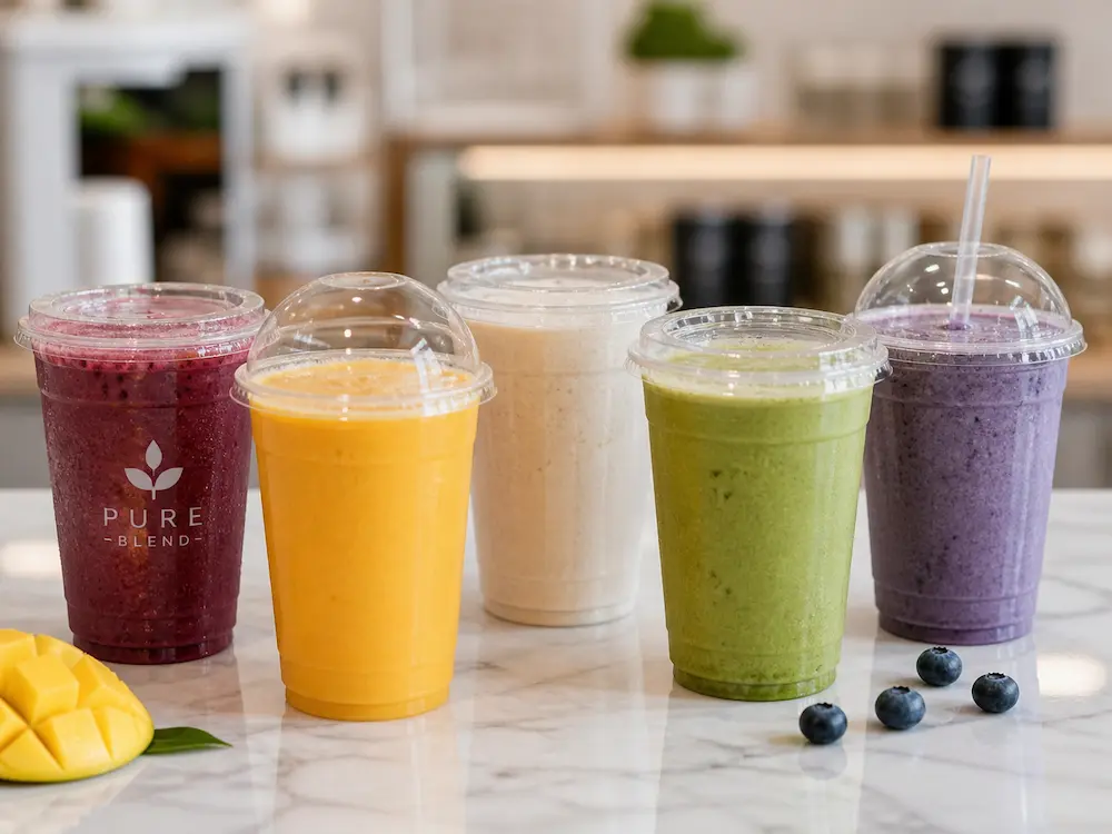 Clear PET smoothie cups with assorted cold drink packaging options