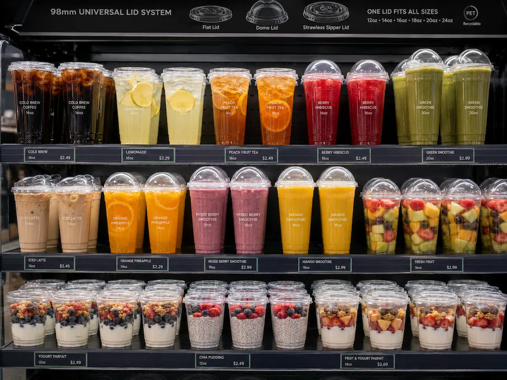 PET Cup Lids FAQ: Materials, Sizes, Uses, and Ordering Questions 7 Supermarket chilled display with clear PET cup lids for cold brew, lemonade, smoothies, and yogurt parfaits.