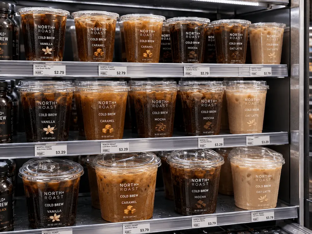 Wholesale Flavored Cold Brew Cups: Manufacturer and Supplier Checklist 6 Supermarket refrigerated display shelf with flavored cold brew coffee cups in various sizes.