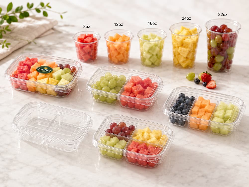 Supermarket fruit packaging options with clear PET fruit cups and compartment containers for fresh-cut fruit.