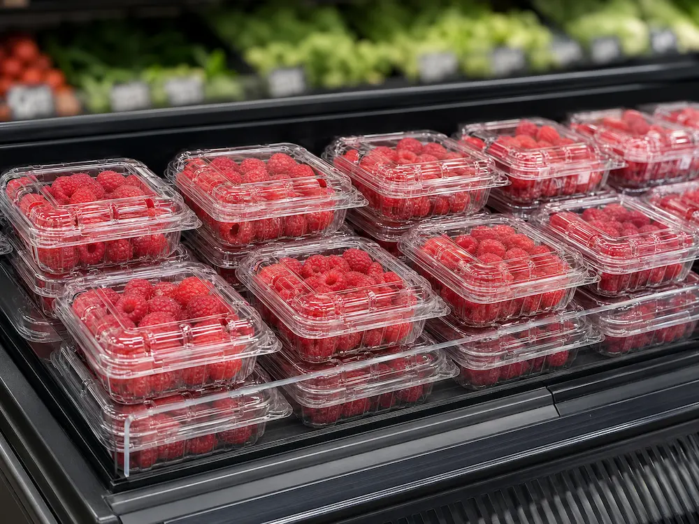 Raspberry Packaging Containers vs Alternative Packaging: How Buyers Should Choose 3 Supermarket raspberry retail packs in clear PET clamshell containers on a refrigerated shelf