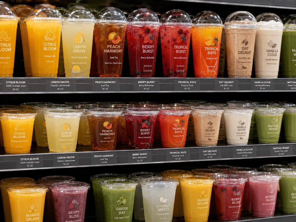 Cold drinks displayed on refrigerated retail shelves with dome and flat lids.