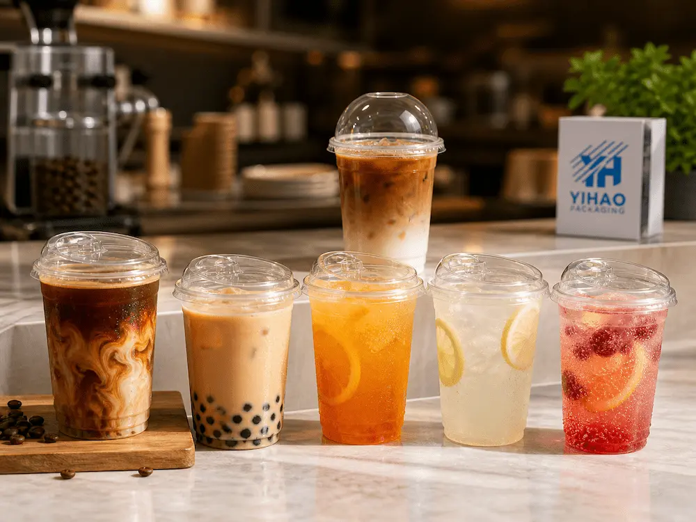 Strawless Lids vs Alternative Packaging: How Buyers Should Choose 6 Takeaway cafe cold drinks packaged with clear PET strawless lids