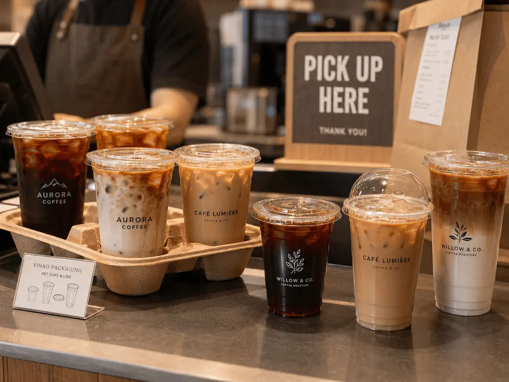 Takeaway iced coffee cups with lids on cafe counter with Pick Up Here sign