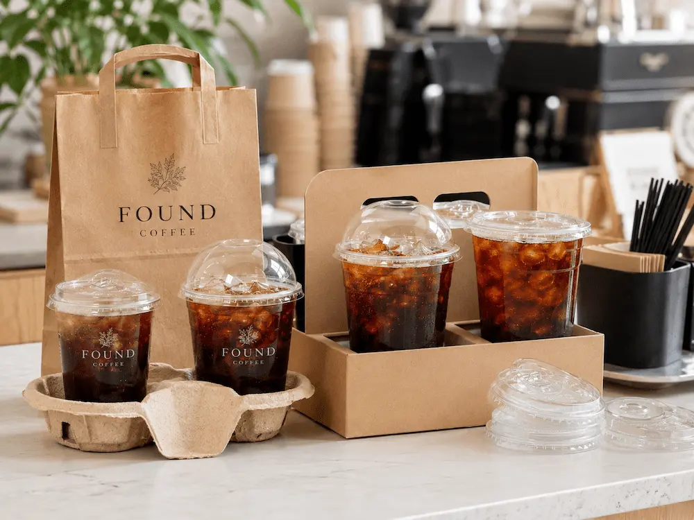 Cold Brew Cups vs Alternative Packaging: How Buyers Should Choose 6 A full takeaway packaging set featuring clear PET cold brew cups, plastic lids, degradable cup holders, and kraft paper bags for delivery and transport.