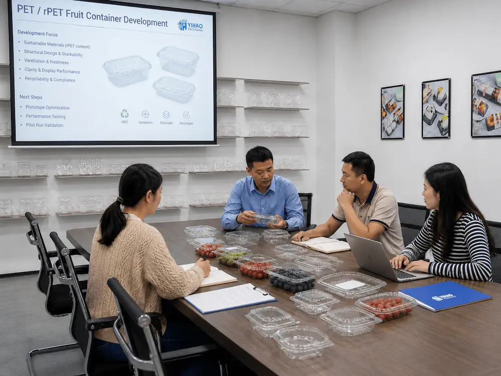 Team of packaging engineers discussing sustainable PET fruit container design in a meeting room.