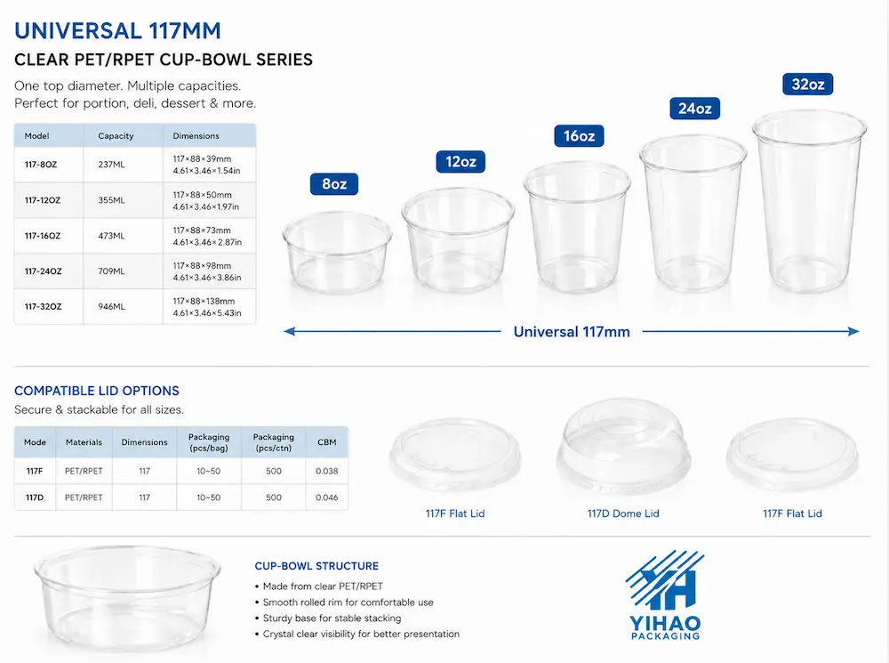 Universal 117mm clear PET and RPET cup-bowl series with 8oz to 32oz capacity options