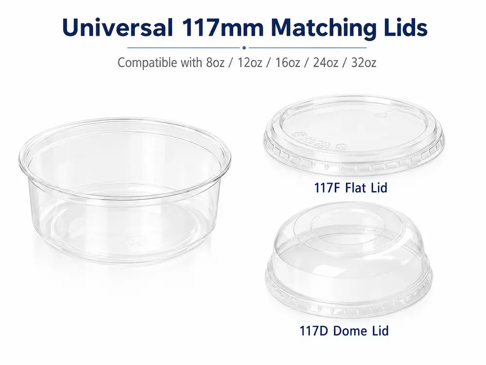 Universal 117mm matching lids for clear PET fruit cups with flat lid and dome lid options