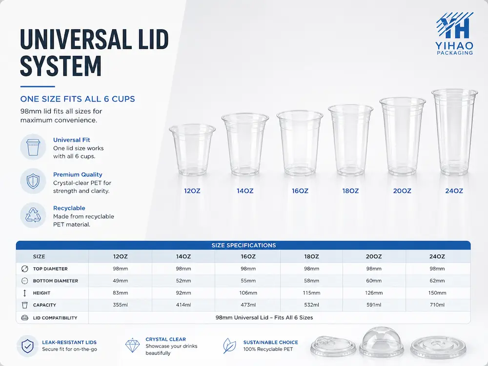 Cold Cup Lids Complete Guide: Flat, Dome, Strawless, and Sip Lids 5 Universal 98mm cold cup lid system for 12oz to 24oz clear PET cold cups