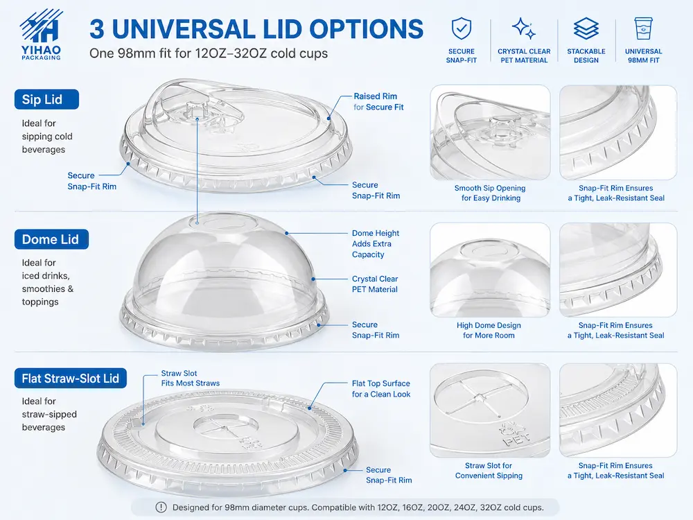 Cold Cup Lids Complete Guide: Flat, Dome, Strawless, and Sip Lids 2 Three universal 98mm cold cup lid options including sip lid, dome lid, and flat straw-slot lid