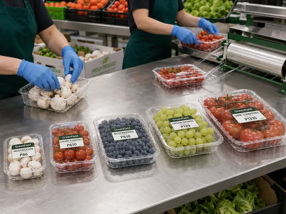 Vegetable tray sample testing with sealing film and label placement