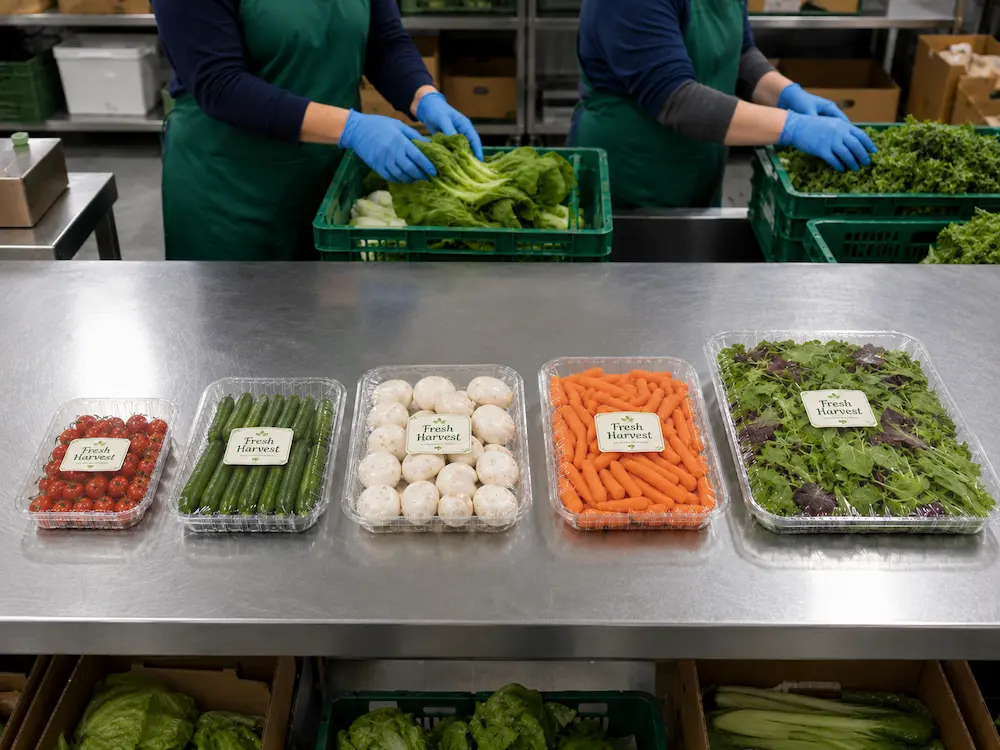 Produce Tray Packaging for Supermarkets, Cafes, Bakeries, and Foodservice Brands 6 Vegetable tray packaging for cherry tomatoes cucumbers carrots mushrooms and salad greens