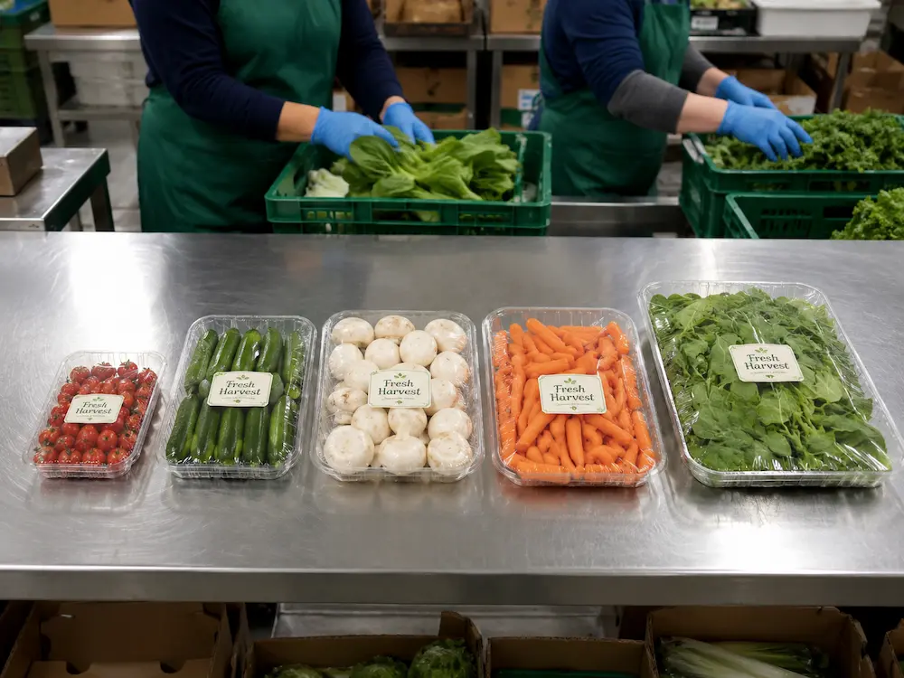 Vegetable trays for fresh vegetables in food packing operation