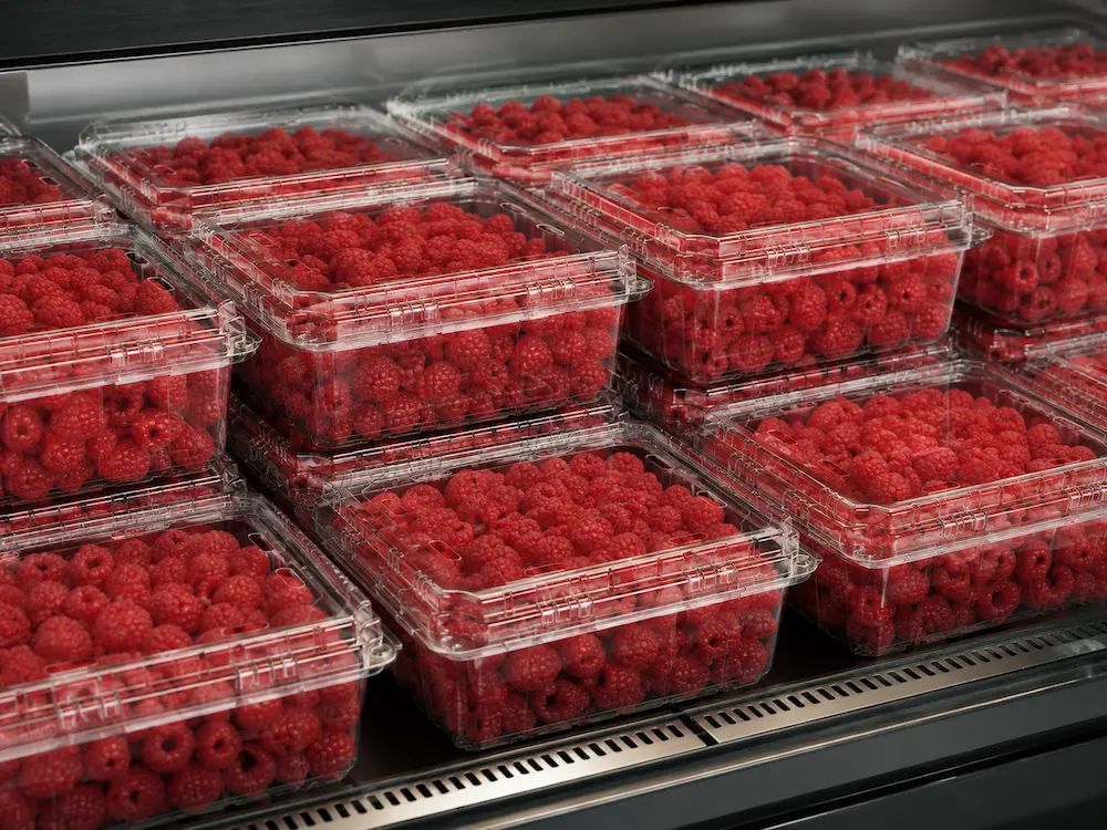 Raspberry Packaging Containers vs Alternative Packaging: How Buyers Should Choose 4 Vented clear raspberry clamshell containers stacked in a chilled retail display